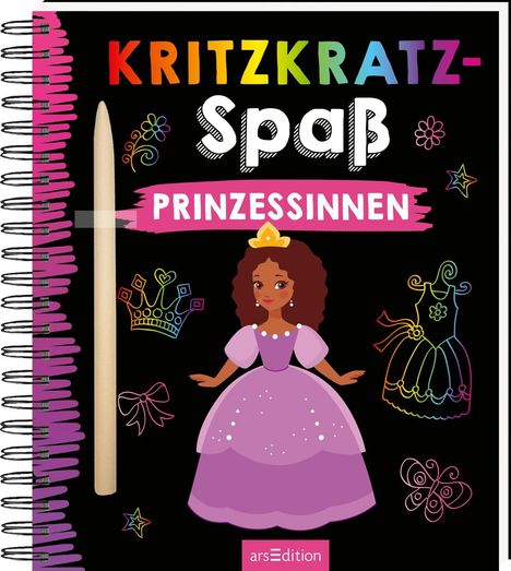 "Kritzkratz-Spaß PRINZESSINNEN". Illustration einer Prinzessin in lila Kleid mit Krone, bunten Zeichen und Spiralbindung.
