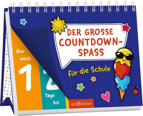 "Der große Countdown-Spaß für die Schule. Nur noch 12 Tage bis." Illustration: Eiscreme mit Sonnenbrille, lächelnde Sonne.