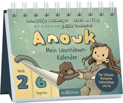 „Anouk: Mein Countdown-Kalender. Noch 26 Tage bis. Für Urlaube, Konzerte, Geburtstage und Co.“ Illustration eines Mädchens mit Affe.