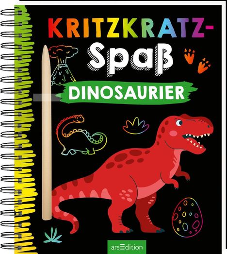 "Kritzkratz-Spaß - Dinosaurier" in bunten Buchstaben. Illustration eines roten Dinosauriers mit einem Holzstift links.