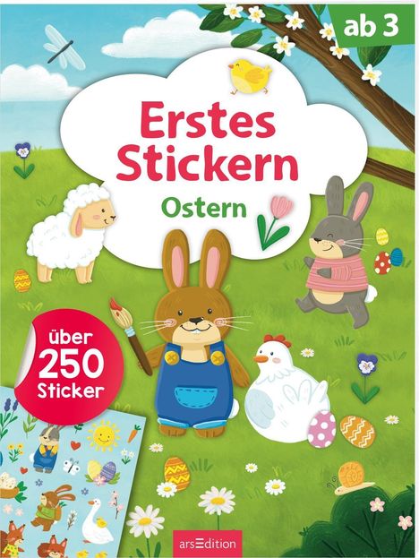 „Erstes Stickern Ostern“, „ab 3“, „über 250 Sticker“. Illustration mit Tieren, Blumen, Eiern auf einer Wiese.