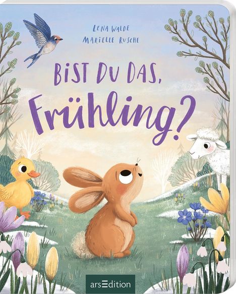 „Bist du das, Frühling?“ Ein Hase blickt nach oben, umgeben von Blumen, einem Vogel, einer Ente und einem Schaf.