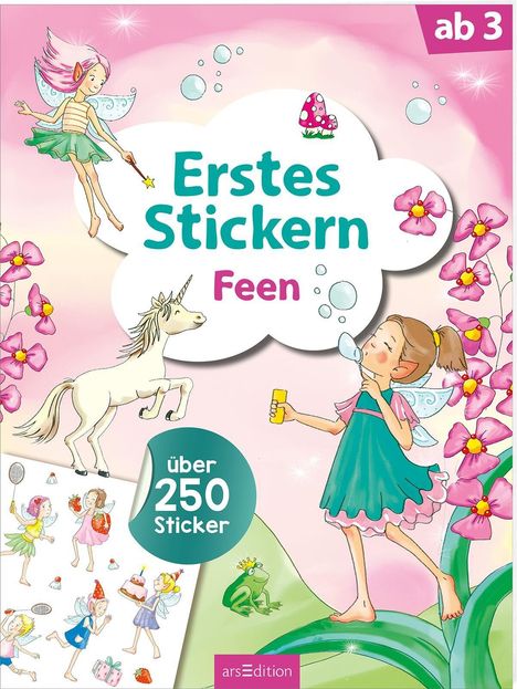 Text: "ab 3", "Erstes Stickern Feen", "über 250 Sticker". Illustration mit Feen, Einhorn, Blumen, Frosch.