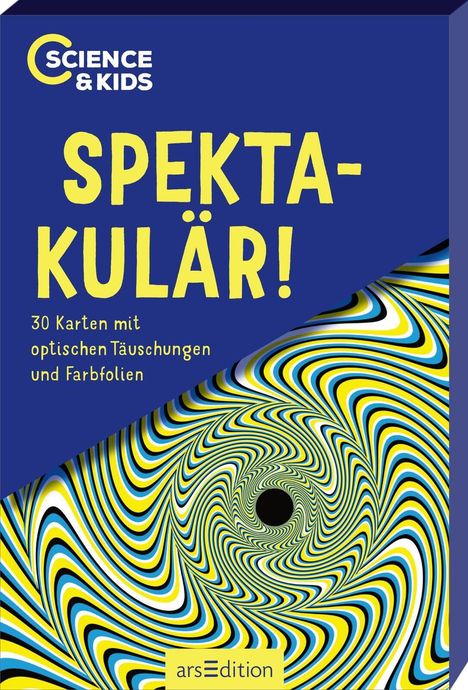 "SPEKTAKULÄR! 30 Karten mit optischen Täuschungen und Farbfolien." Spiraldesign in Blau, Weiß, Gelb.