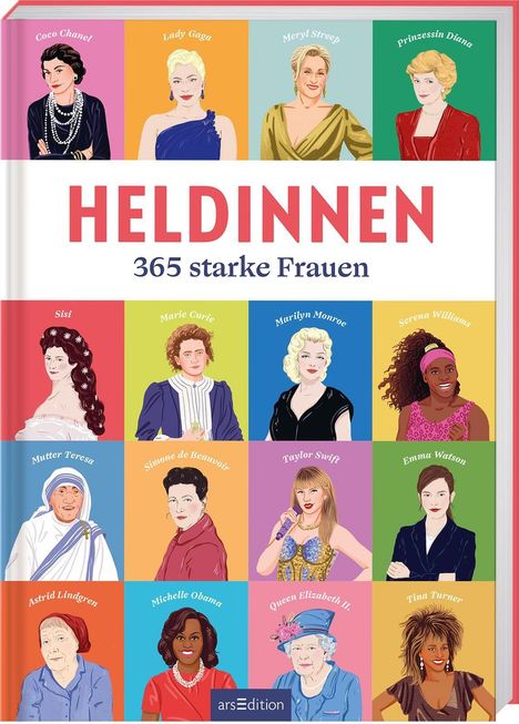 Buchtitel: "HELDINNEN 365 starke Frauen". Illustrationen von bekannten Frauen in bunten Quadraten.