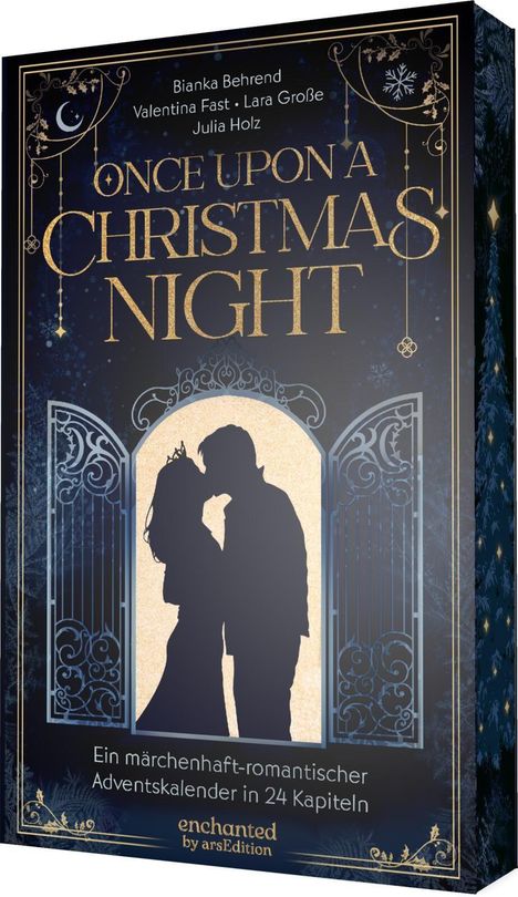 „ONCE UPON A CHRISTMAS NIGHT“, „Ein märchenhaft-romantischer Adventskalender in 24 Kapiteln“. Silhouette eines Paares.