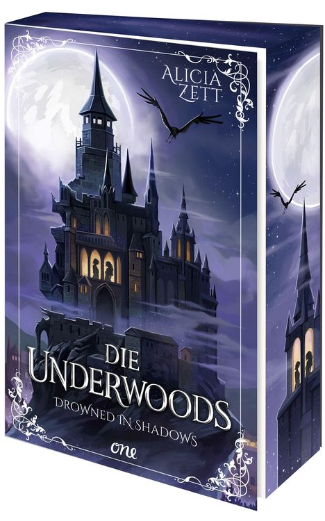„Alicia Zett“, „Die Underwoods: Drowned in Shadows“. Illustration eines gotischen Schlosses bei Vollmond.