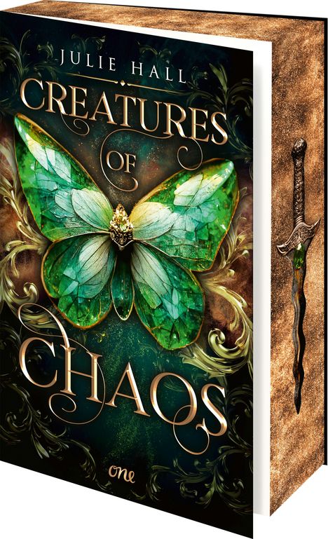 „Julie Hall, Creatures of Chaos, one.“ Ein smaragdgrüner Schmetterling und ein verziertes Schwert.
