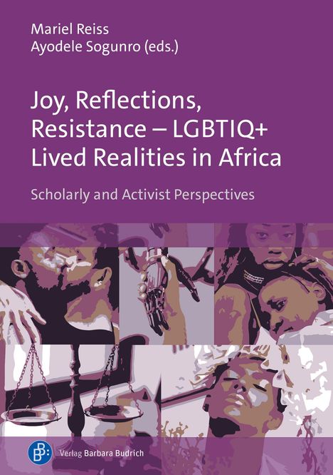"Joy, Reflections, Resistance – LGBTIQ+ Lived Realities in Africa". Unten sind stilisierte Illustrationen von Menschen und Waage.