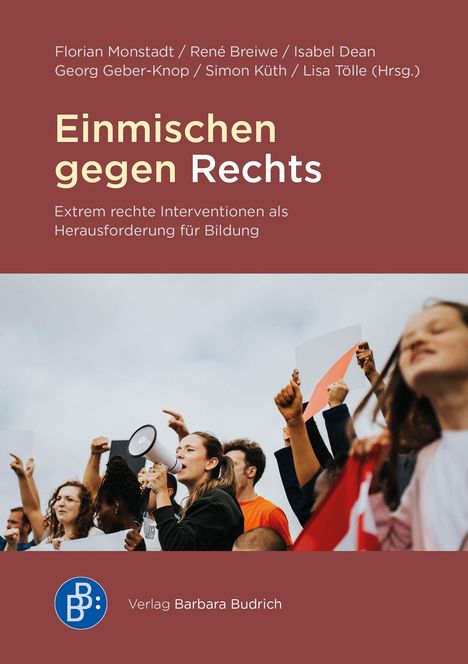 „Einmischen gegen Rechts“ mit weiteren Texten und dem Verlag Barbara Budrich. Darunter protestierende Menschen mit Megafon.
