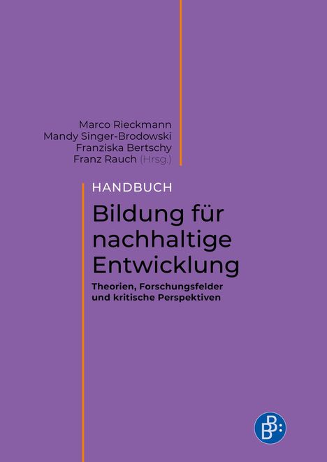 Titel: "Handbuch Bildung für nachhaltige Entwicklung". Lila Hintergrund, unten rechts kreisförmiges Logo in Blau.