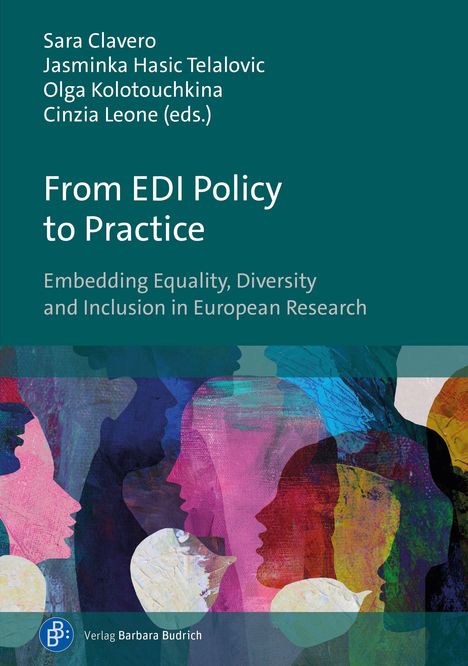 "From EDI Policy to Practice. Gemälde mit bunten, überlappenden Silhouetten von Gesichtern in Profilansicht."