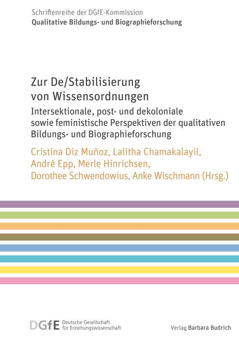 Es handelt sich um ein Buchcover. Titel: "Zur De/Stabilisierung von Wissensordnungen". Autoren: Cristina Diz Muñoz u.a. Bunte Streifen unten.
