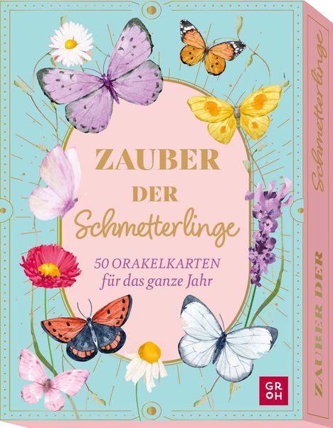 „Zauber der Schmetterlinge“, 50 Orakelkarten. Illustration von bunten Schmetterlingen und Blumen. Rechts ein Logo.