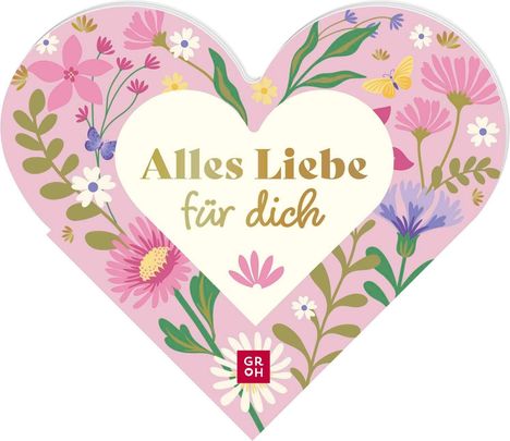 „Alles Liebe für dich“ in einem weißen Herz, umgeben von bunten Blumen und einem kleinen roten Logo.