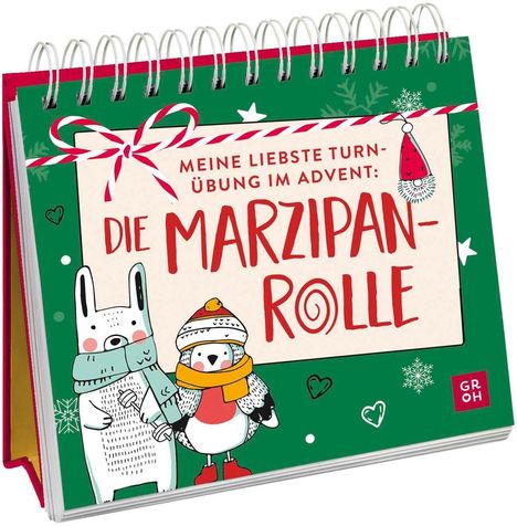 "MEINE LIEBSTE TURNÜBUNG IM ADVENT: DIE MARZIPANROLLE" steht auf einem grünen Spiral-Aufsteller mit Tierillustrationen.