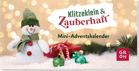 „Klitzeklein & Zauberhaft Mini-Adventskalender“. Ein Schneemann mit grüner Mütze, roten Knöpfen, Tannenzweige und Kugeln.