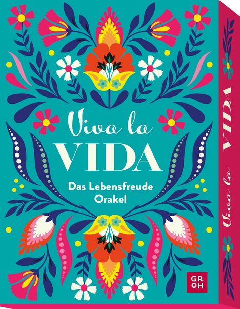 "Viva la VIDA. Das Lebensfreude Orakel." Buntes florales Design mit leuchtenden Blüten und Blättern auf türkisfarbenem Hintergrund.