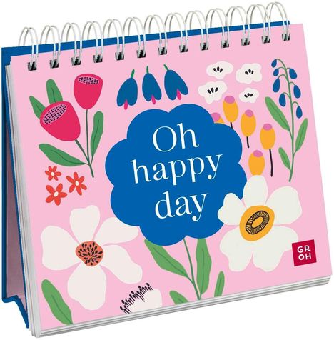 "Oh happy day" in weißer Schrift auf einem blauen Kreis, umgeben von bunten Blumen auf rosa Hintergrund.