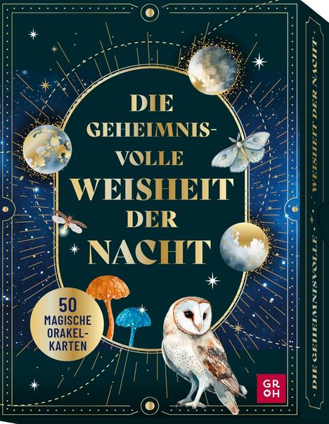 „Die geheimnisvolle Weisheit der Nacht“, „50 magische Orakelkarten“, mit Eule, Pilzen, einem Schmetterling und Monden.