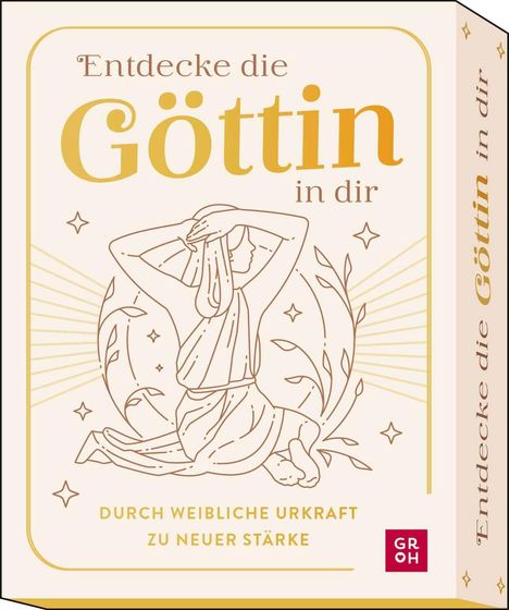 "Entdecke die Göttin in dir. Durch weibliche Urkraft zu neuer Stärke." Illustration einer sitzenden Frau mit Pflanzen.