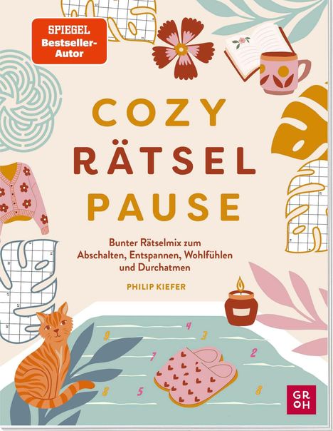 „Spiegel Bestseller-Autor“, „Cozy Rätsel Pause“, „Bunter Rätselmix zum Abschalten...“. Illustrationen: Katze, Tasse, Blumen.