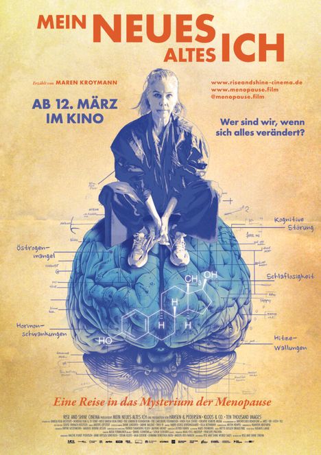 Titel: Mein neues altes Ich. Ab 12. März im Kino. Illustration: Frau in Blau auf einem Gehirn sitzend. Chemische Formeln sichtbar.