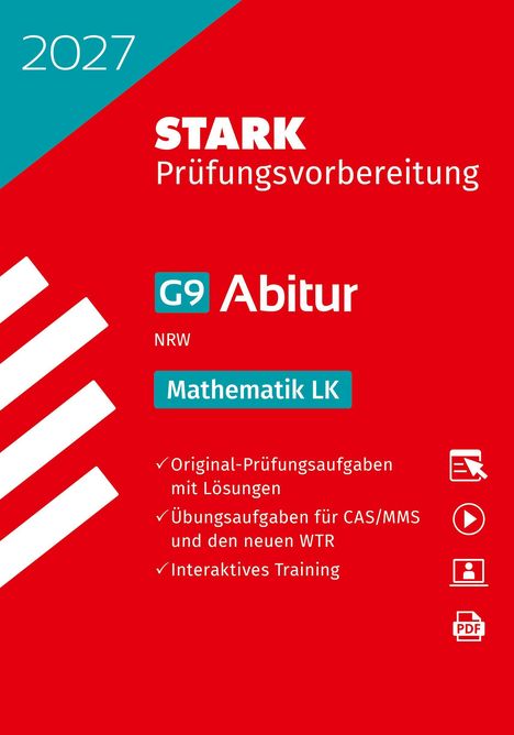 2027 STARK Prüfungsvorbereitung G9 Abitur NRW Mathematik LK. Rotes Design mit weißen Haken und Symbolen.