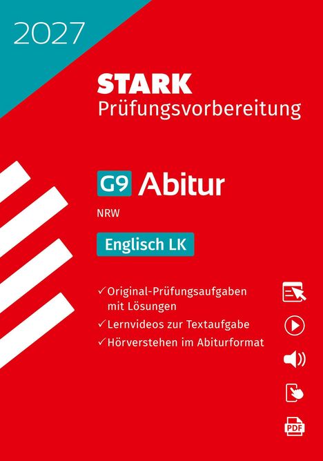 2027 STARK Prüfungsvorbereitung. G9 Abitur Englisch LK, NRW. Roter Hintergrund mit weißen und blauen Elementen.