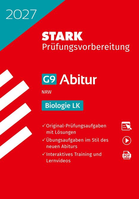 "2027, STARK Prüfungs­­vorbereitung, G9 Abitur NRW, Biologie LK. Checkliste an drei Punkten. Rotes und türkises Design."