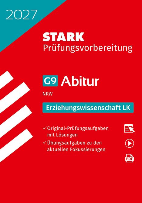 2027 STARK Prüfungsvorbereitung, G9 Abitur, Erziehungswissenschaft LK. Rotes und türkisfarbenes Design mit Symbolen.
