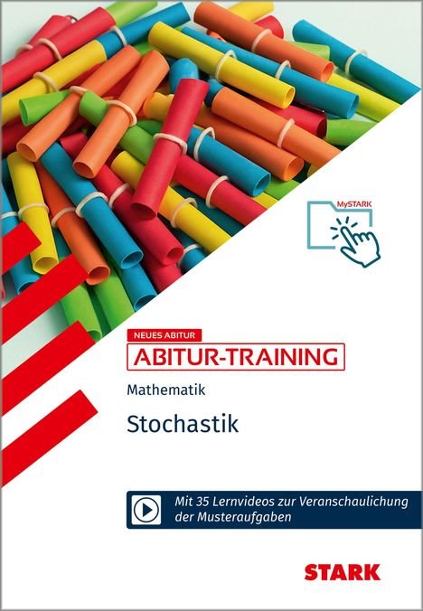 "Neues Abitur Abitur-Training Mathematik Stochastik" zeigt bunte aufgerollte Papierstreifen, Illustration von MySTARK.