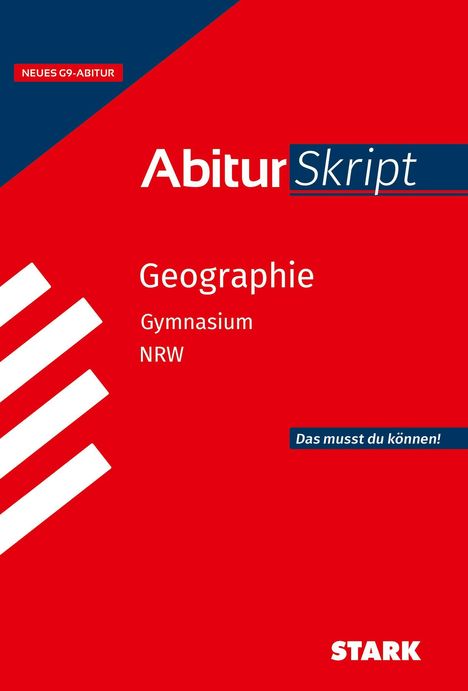 „Abitur Skript Geographie Gymnasium NRW“ auf rotem Hintergrund mit weißen Streifen links.
