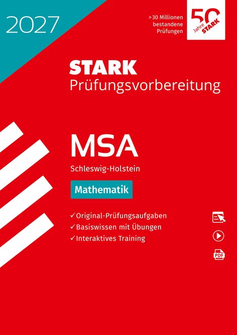 Text: "2027, STARK Prüfungsvorbereitung, MSA Schleswig-Holstein Mathematik, Original-Prüfungsaufgaben, Basiswissen mit Übungen, Interaktives Training, >30 Millionen bestandene Prüfungen, 50 Jahre STARK." Rotes Cover mit geometrischen Formen.