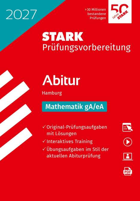 „STARK Prüfungsvorbereitung Abitur Hamburg Mathematik gA/eA 2027“ auf rotem Hintergrund, mit Lerninhalten.