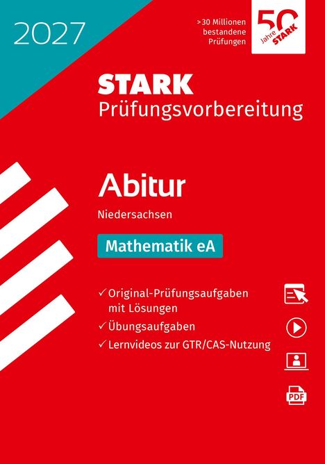 2027, STARK Prüfungsvorbereitung, Abitur Niedersachsen, Mathematik eA. Rotes und türkisfarbenes Design mit Symbolen.