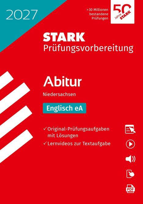 2027, STARK Prüfungsvorbereitung, Abitur Niedersachsen, Englisch eA. Rotes Design mit Logo und Icons für PDF und Videos.
