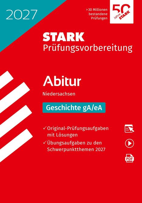 STARK Prüfungs­vorbereitung Abitur Niedersachsen Geschichte gA/eA. Roter Hintergrund, diagonale weiße Streifen. Icons.