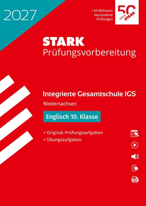 2027, STARK Prüfungsvorbereitung, Englisch 10. Klasse, IGS Niedersachsen. Rotes Cover, weißer Text, Logos rechts.