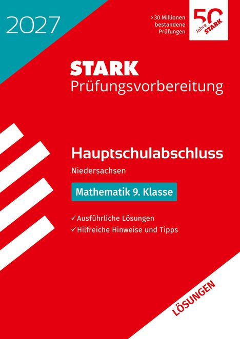 "2027 STARK Prüfungsvorbereitung Hauptschulabschluss Niedersachsen Mathematik 9. Klasse LÖSUNGEN. Rot-weiße Gestaltung."