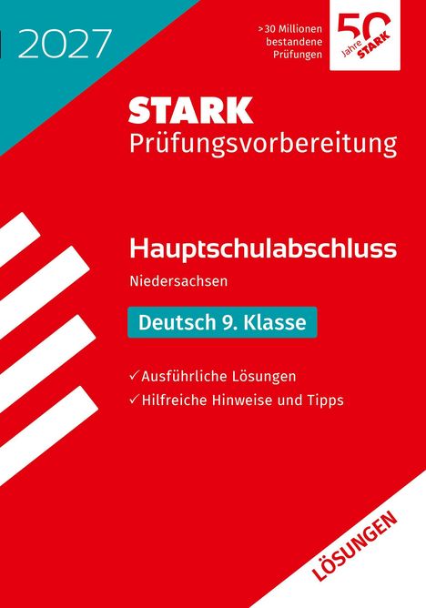 "STARK Prüfungsvorbereitung Hauptschulabschluss Niedersachsen Deutsch 9. Klasse" auf rotem Hintergrund mit weißem Text.