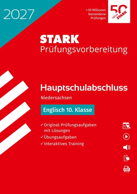 "STARK Prüfungsvorbereitung Hauptschulabschluss Niedersachsen Englisch 10. Klasse 2027. Rot-weißes Design mit Logos."