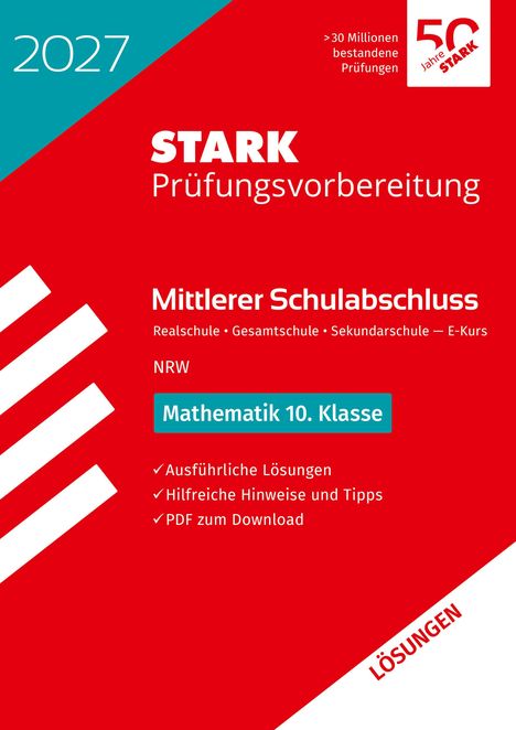 2027, STARK Prüfungsvorbereitung, Mitte: Mathematik 10. Klasse, rot-blaues Design mit 50 Jahre Logo.