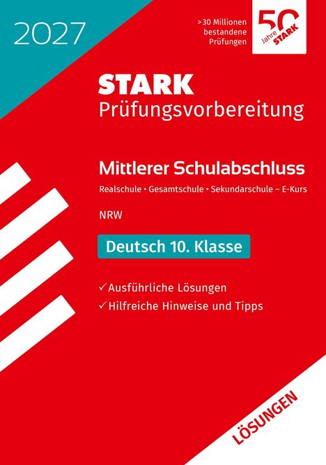 "2027 Stark Prüfungsvorbereitung Mittlerer Schulabschluss NRW Deutsch 10. Klasse. Rot-türkises Design mit Logo."