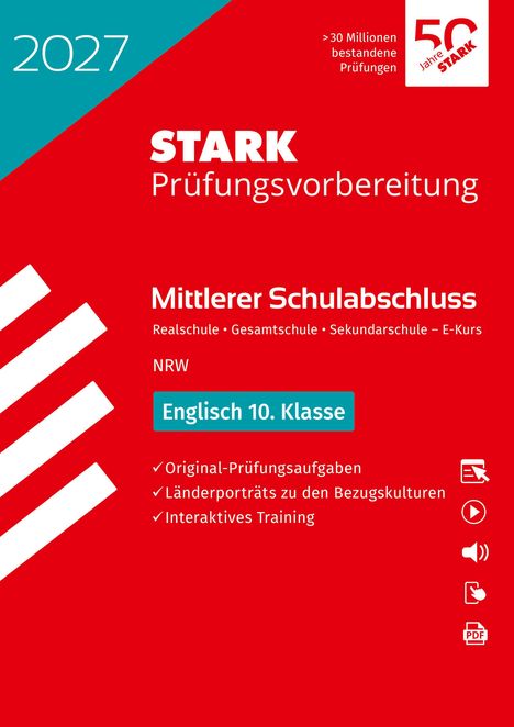 „2027“, „STARK Prüfungsvorbereitung“, „Mittlerer Schulabschluss“, „Englisch 10. Klasse“. Roter Hintergrund, 50 Jahre Logo.