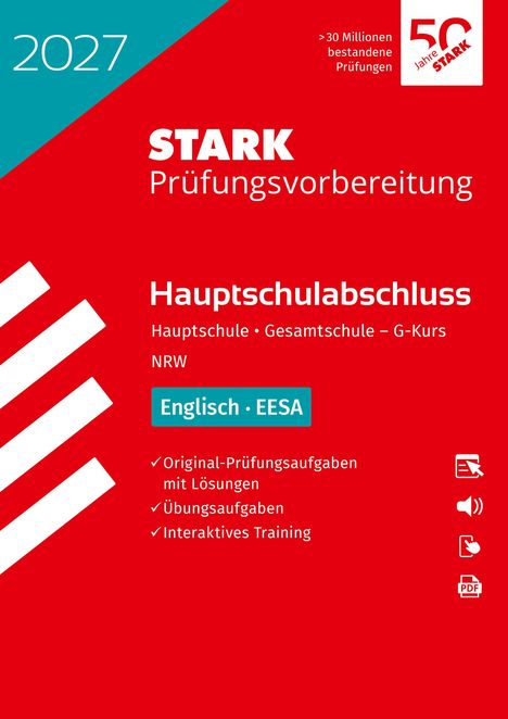 2027, STARK Prüfungsvorbereitung, Hauptschulabschluss, Englisch EESA. Rotes, modernes Layout mit diagonalen Linien.