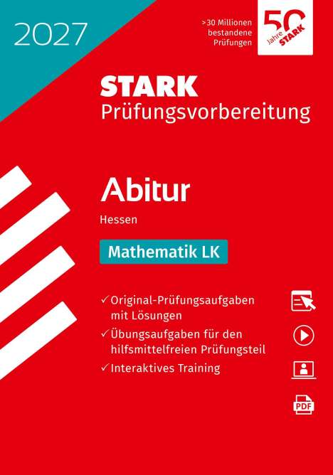 Text: "2027, STARK Prüfungsvorbereitung, Abitur Hessen, Mathematik LK." Rotes Cover mit geometrischen Mustern und Icons.