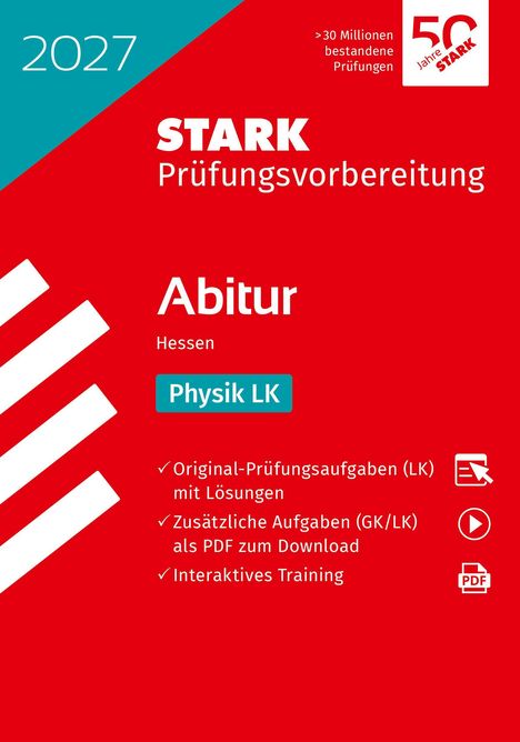2027 STARK Prüfungsvorbereitung Abitur Hessen Physik LK. Rotes Cover, Logos oben rechts, weiße und türkisfarbene Schrift.