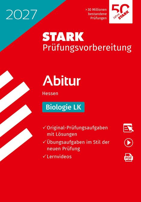 "2027, STARK Prüfungsvorbereitung, Abitur Hessen, Biologie LK. Roter Hintergrund, weißer Text, blaues Logo."