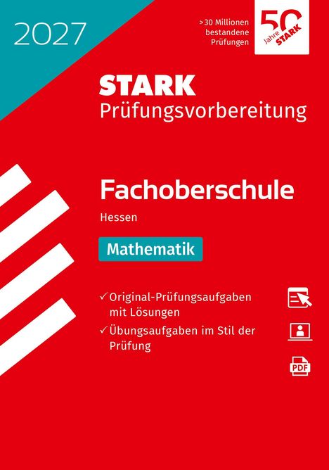 STARK Prüfungs­vorbereitung 2027, Fachober­schule Hessen, Mathematik. Rotes Design mit Logo und Pfeilmuster.